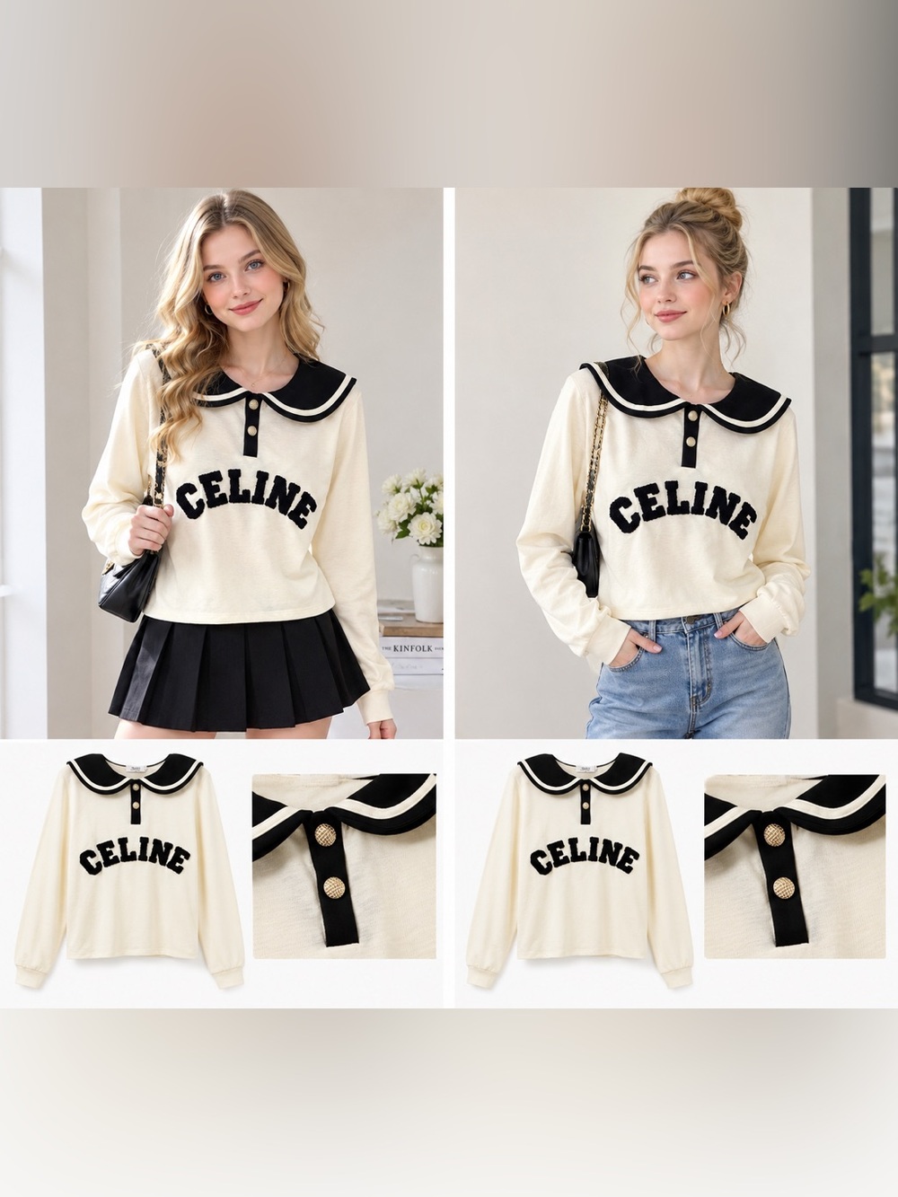 Cream Sweater with Black Sailor Collar